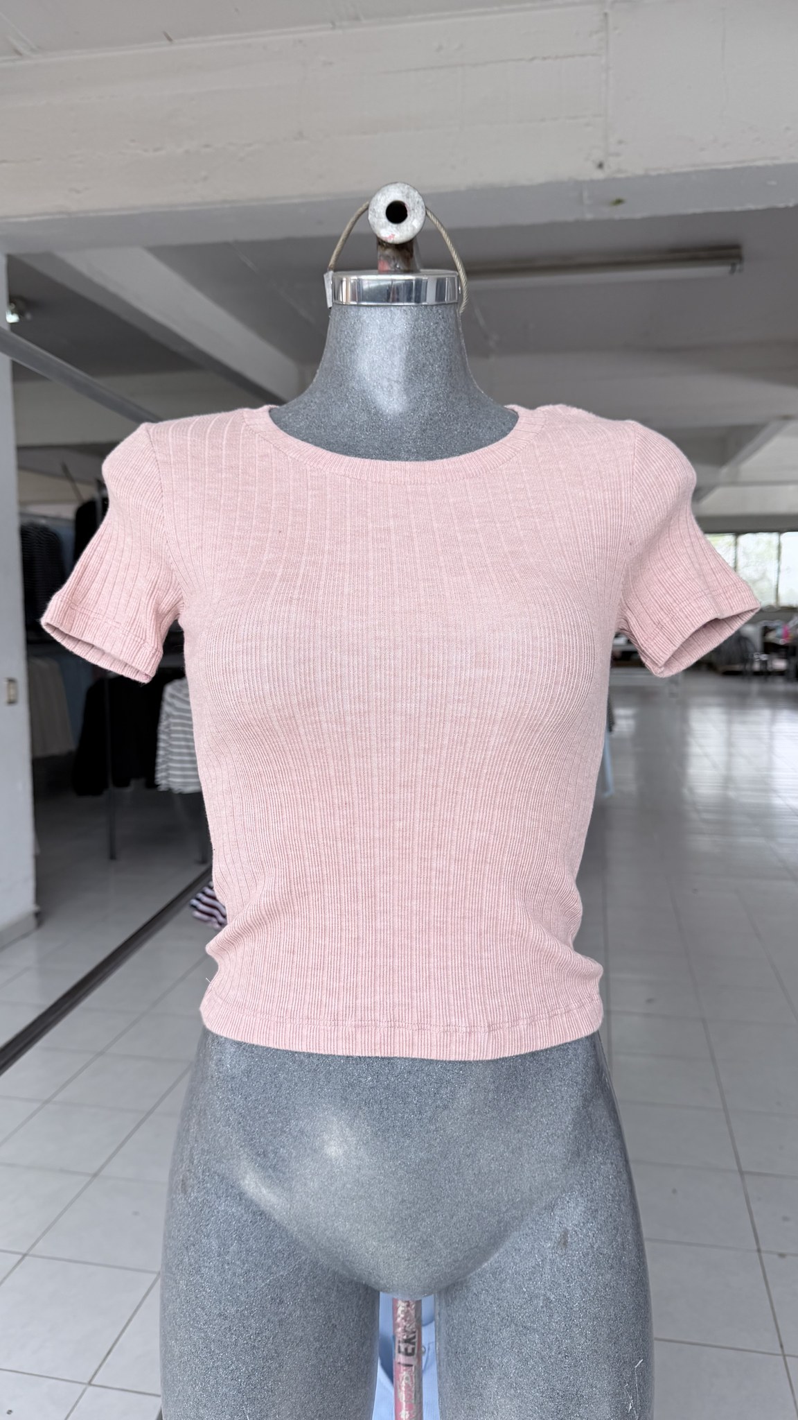 Blusa básica de viscosa acanalada, manga corta y cuello redondo