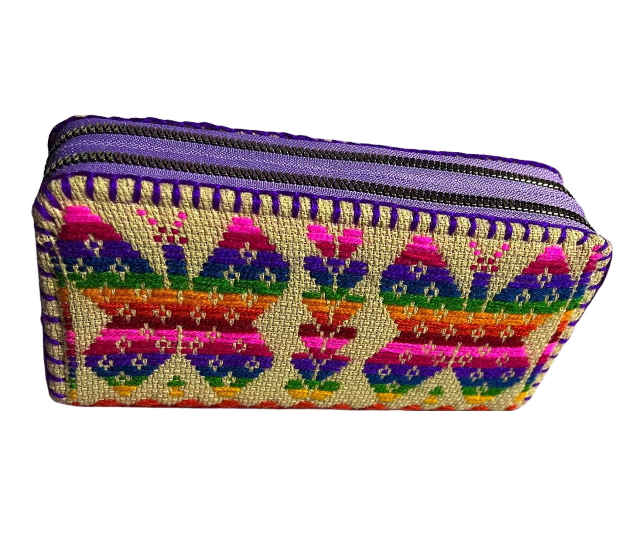 Cartera grande artesanal de doble cierre con tejido mazahua