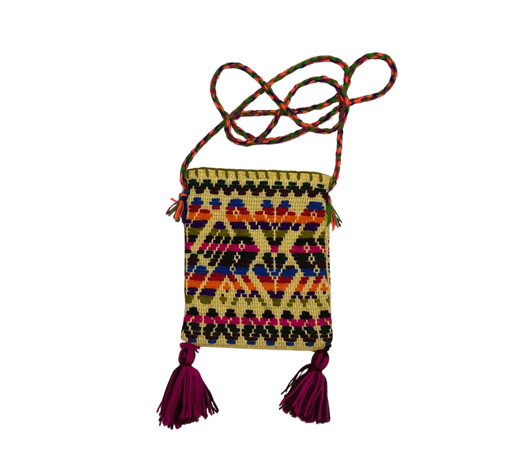 Morral chico artesanal mazahua con cordón y borlas