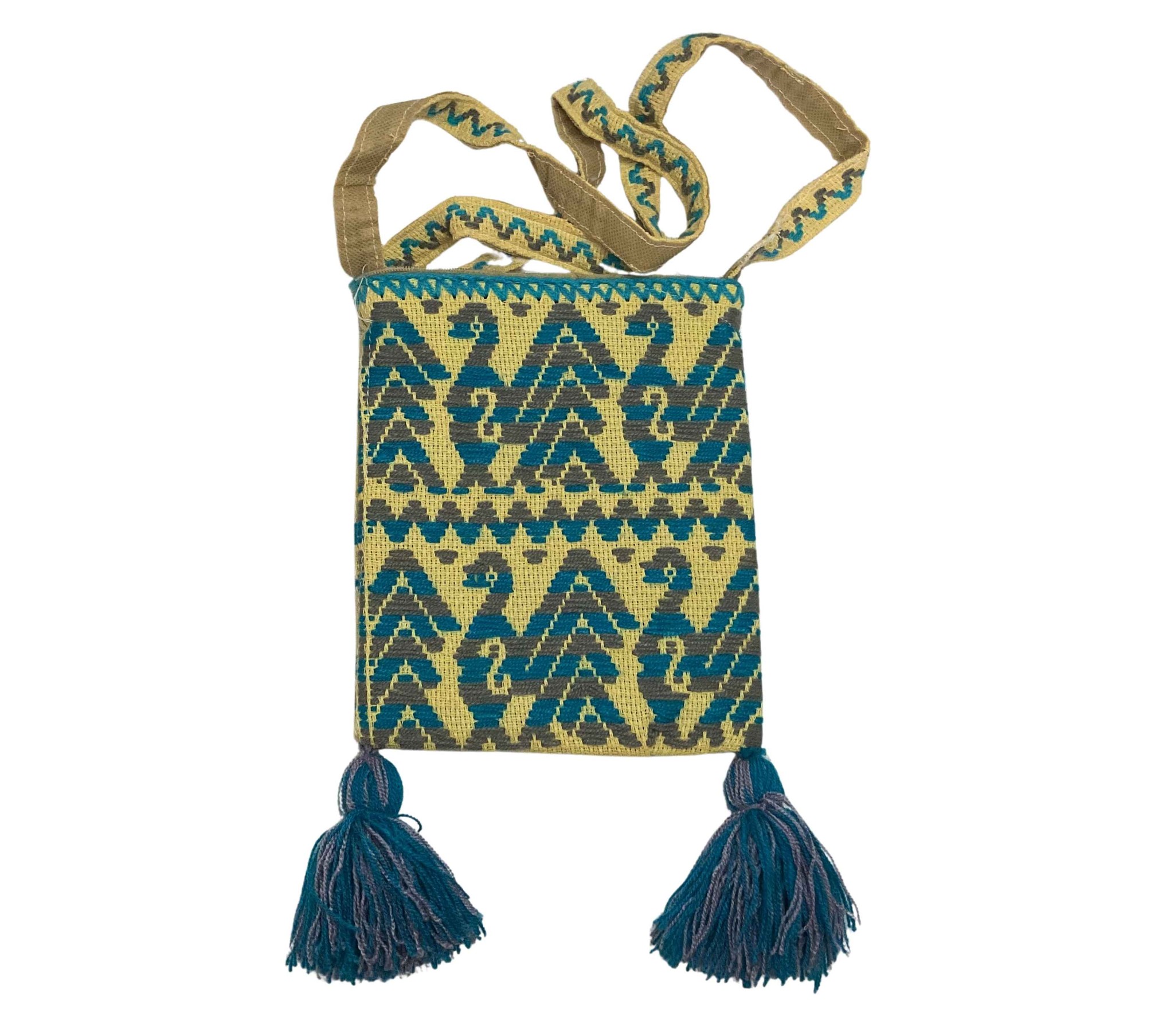Morral mediano artesanal mazahua con asa tejida y borlas