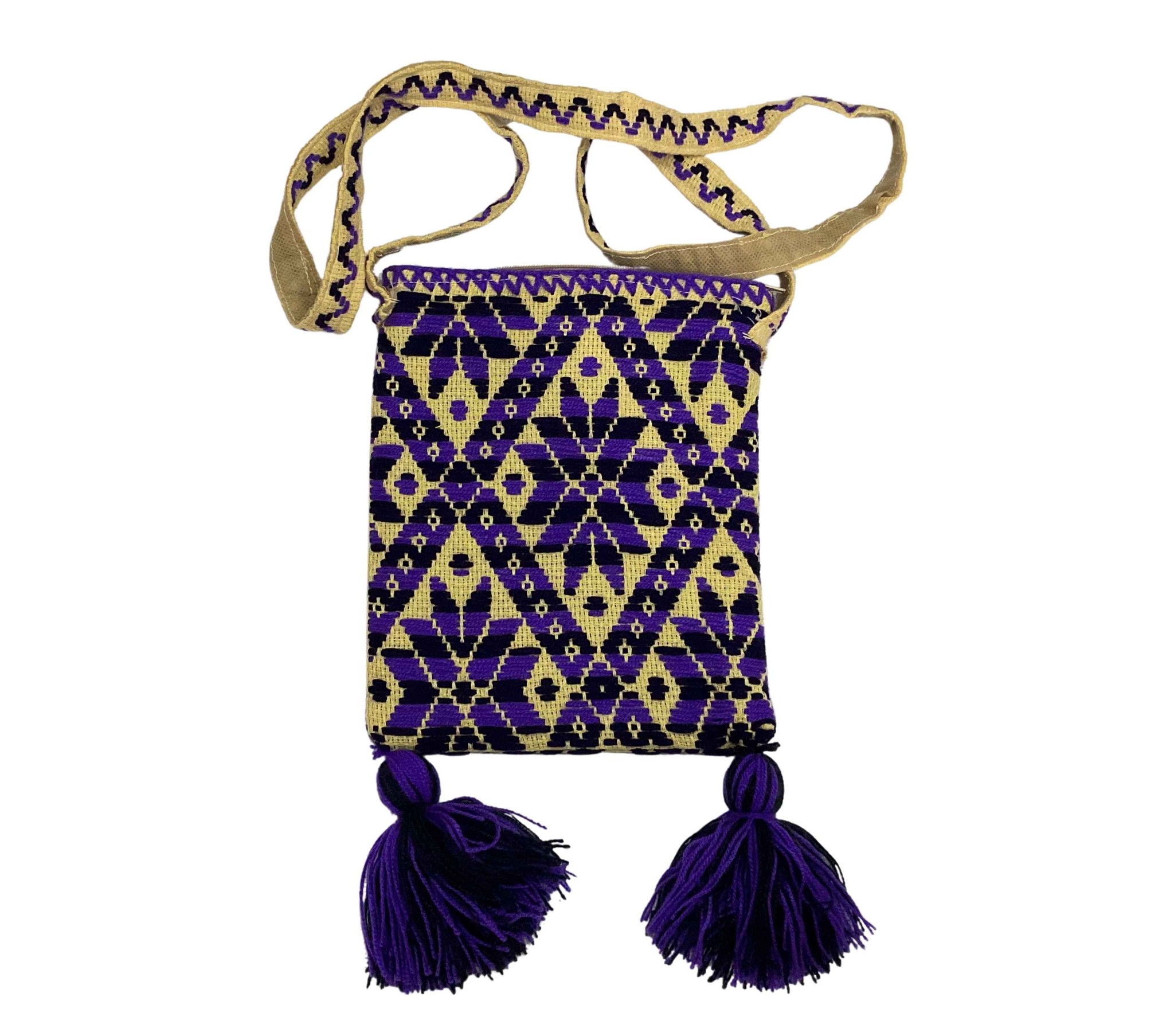 Morral mediano artesanal mazahua con asa tejida y borlas