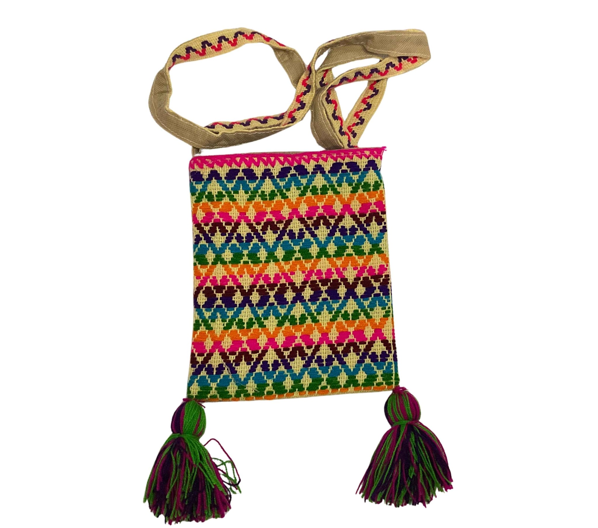 Morral mediano artesanal mazahua con asa tejida y borlas