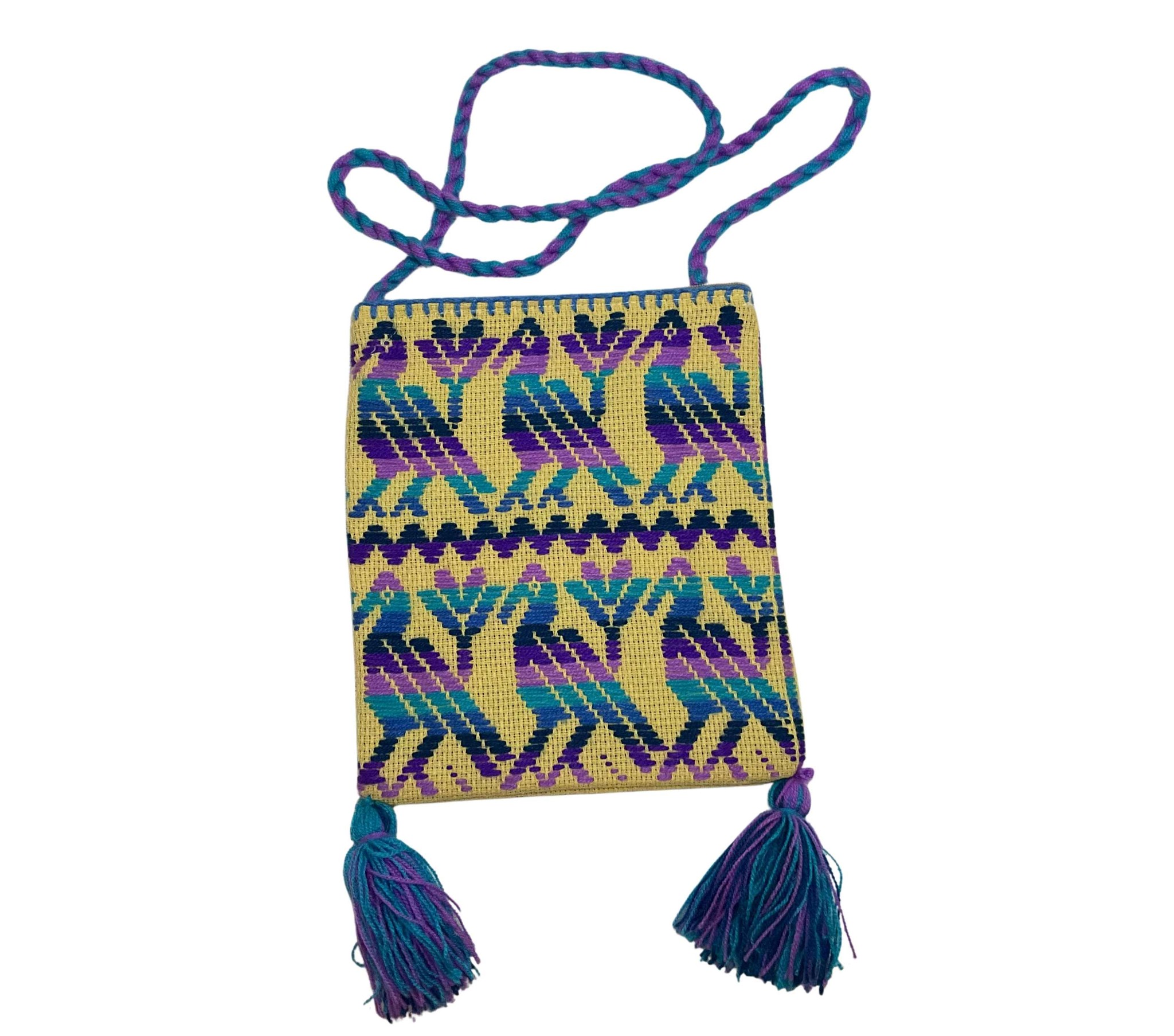 Morral mediano artesanal mazahua con asa tejida y borlas