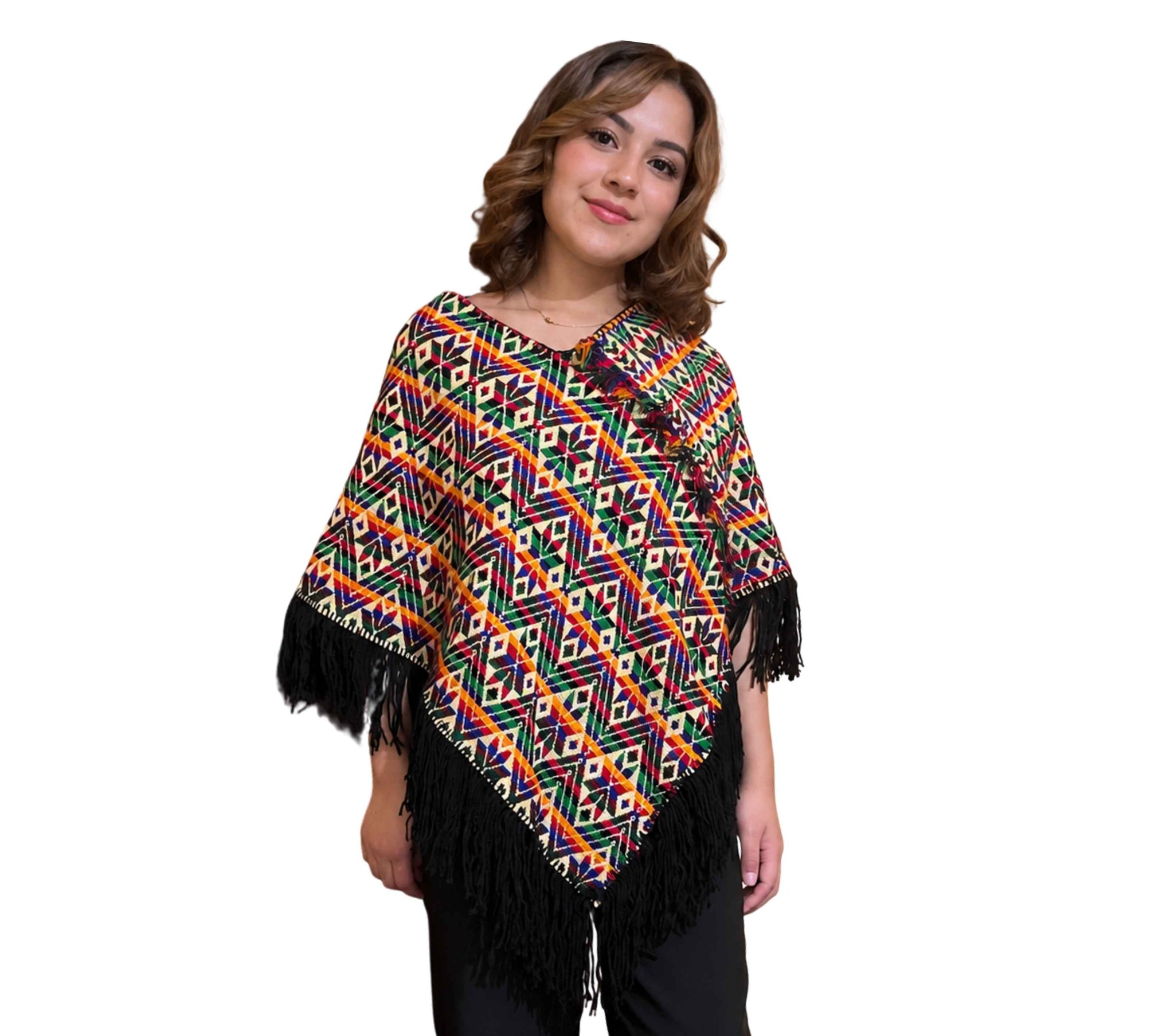 Quexquémetl artesanal mazahua tejido con flecos, talla G