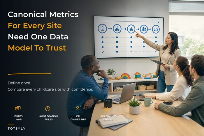 Canonical data model for multi-site childcare reporting: metric definitions, sample SQL and rollout cadence