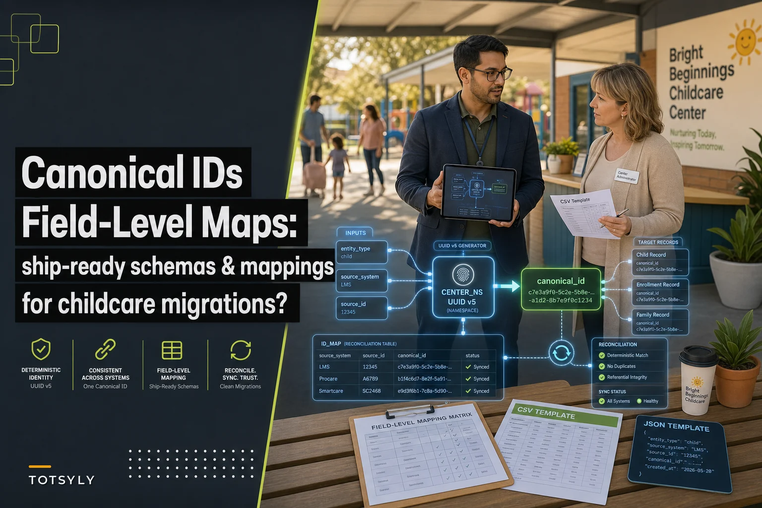Canonical field-level schemas and source-to-target mapping toolkit for childcare system migrations