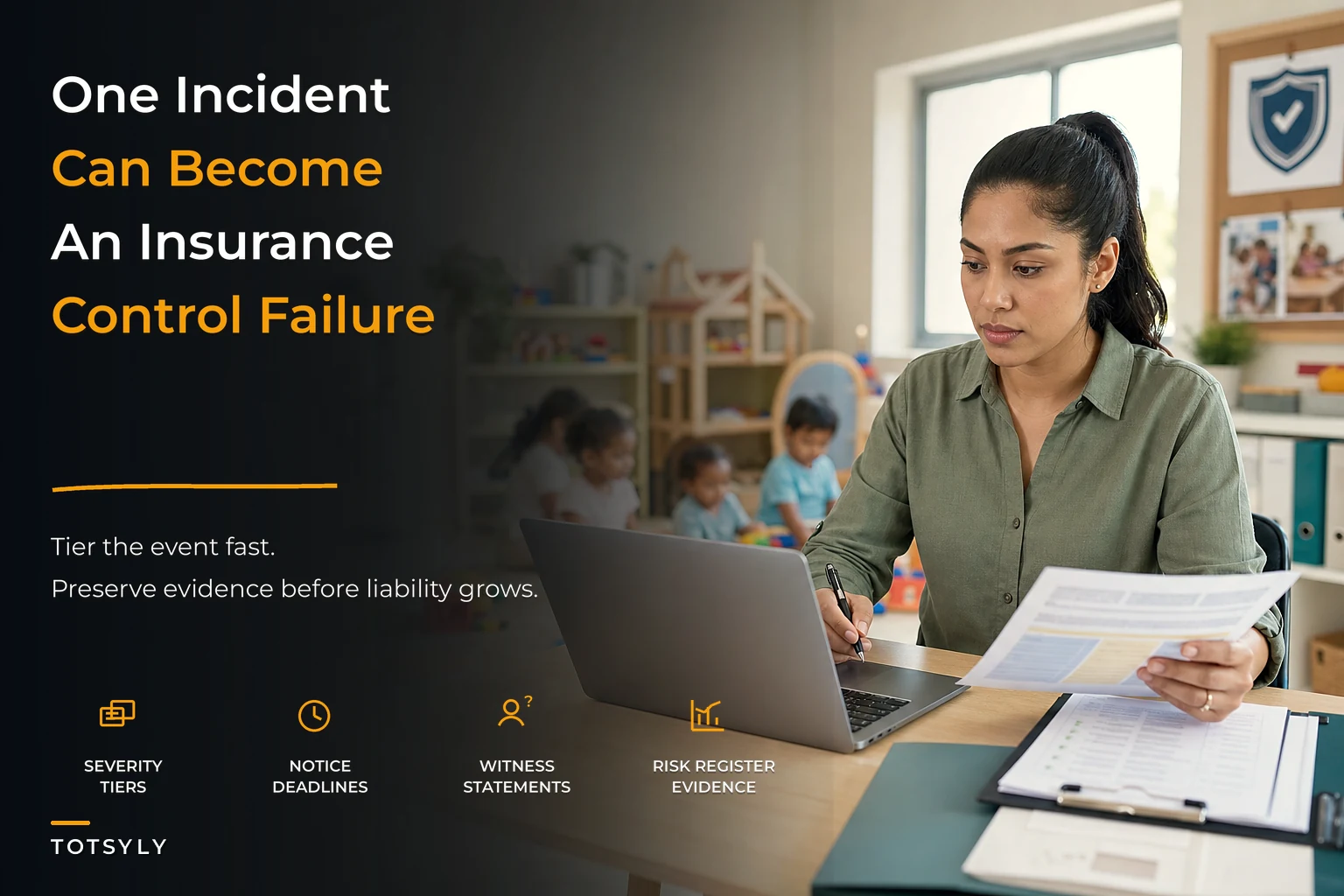 Childcare risk-management framework for incidents, insurance, and liability controls