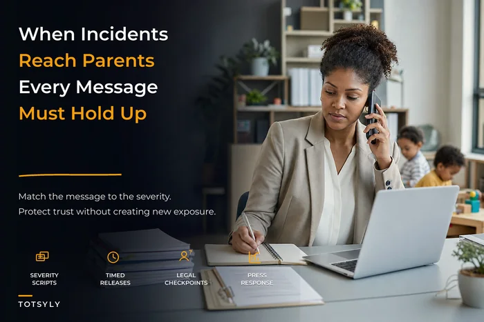 Parent-facing incident communications protocol with legal-aligned messaging templates