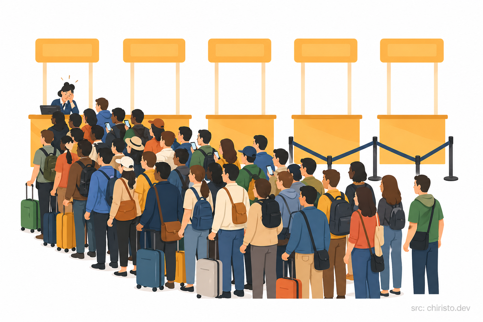 All passengers at one counter — chaos
