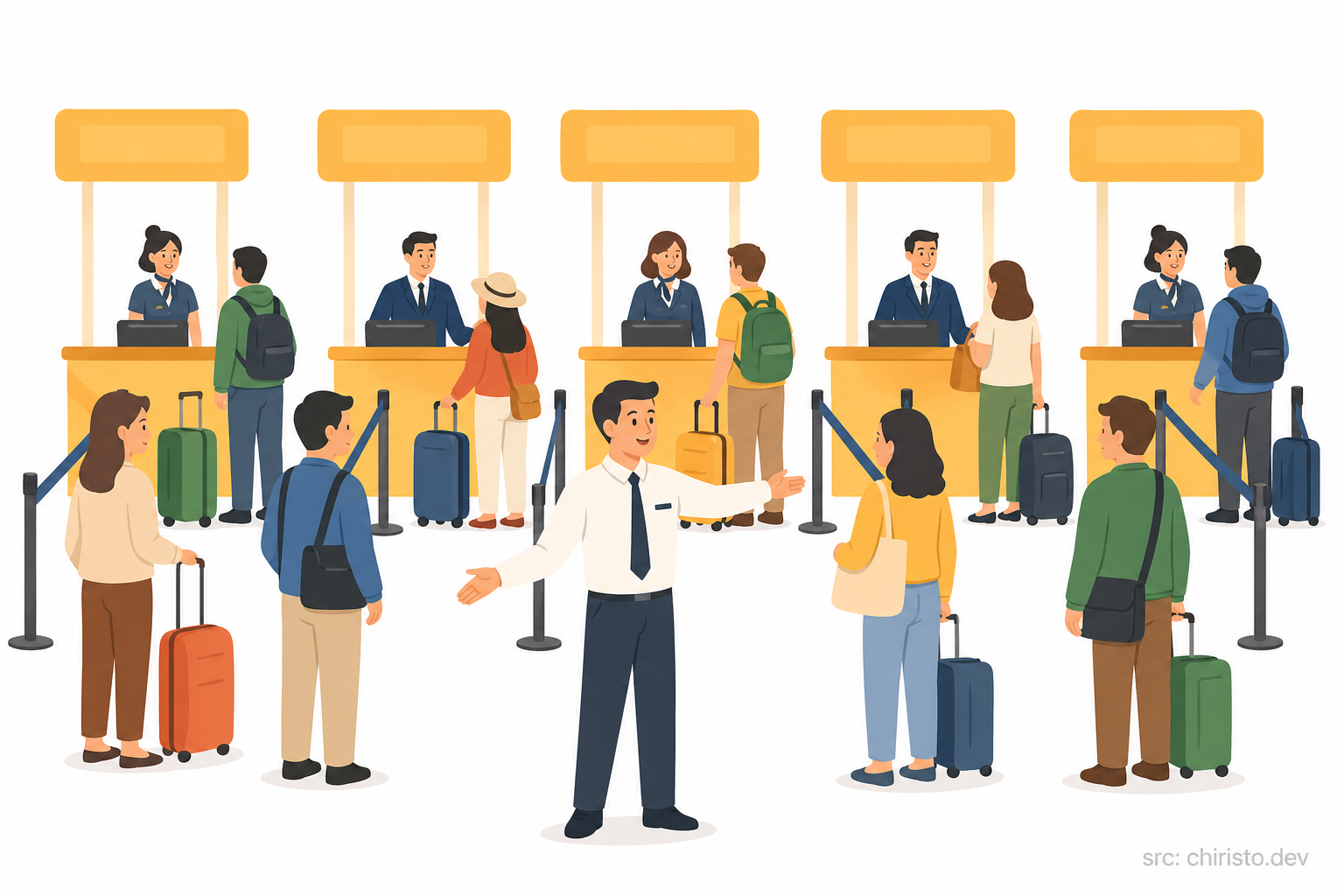 Balanced airport queues — happy passengers