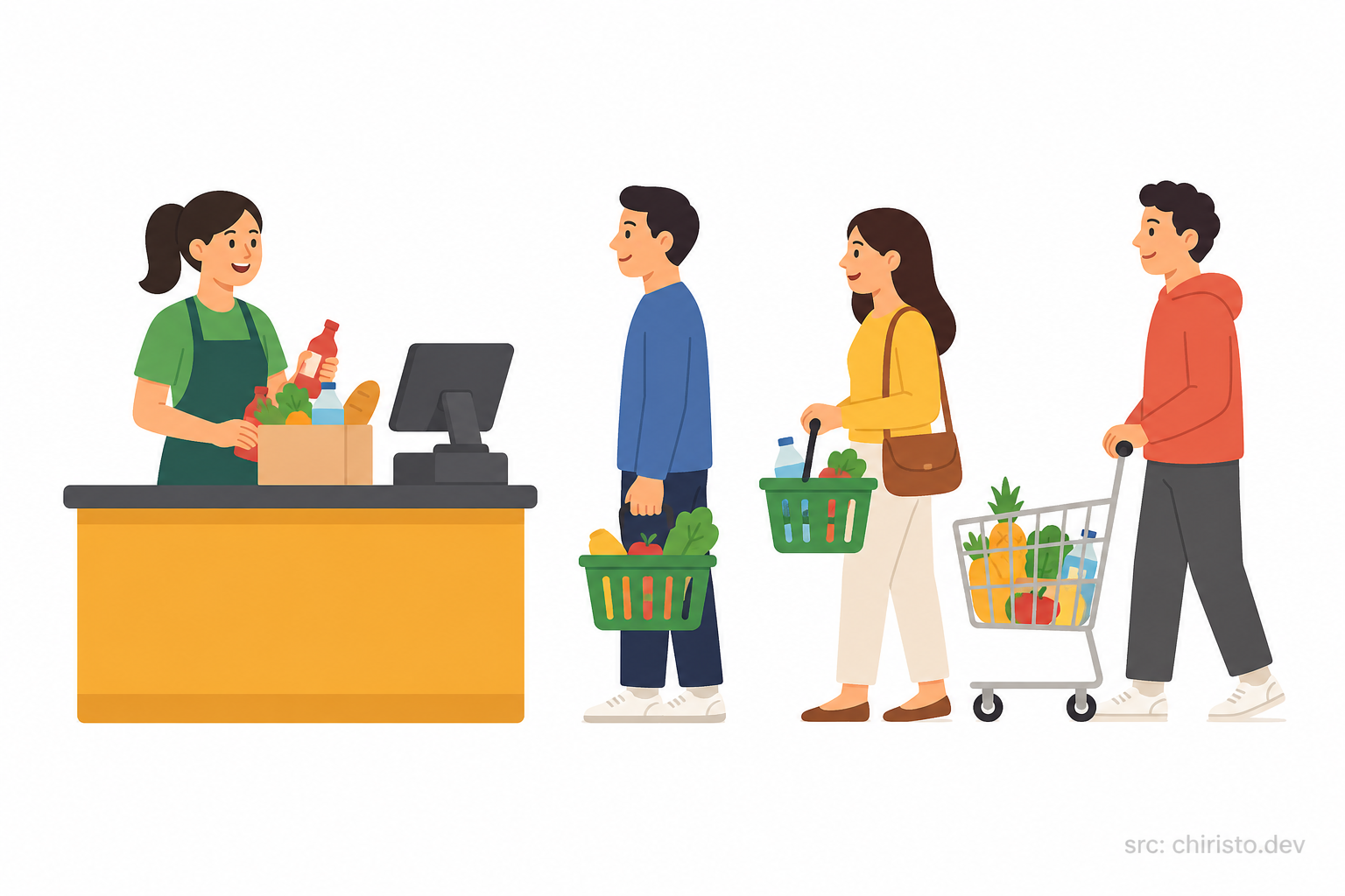 Happy cashier with short queue