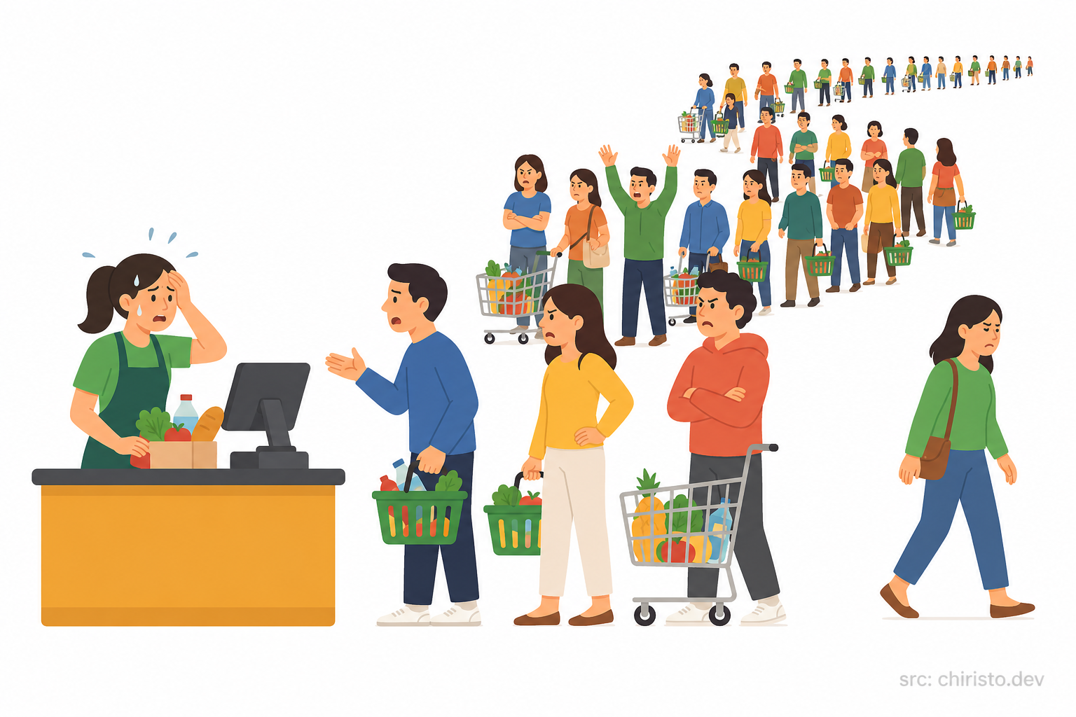Overwhelmed cashier with massive queue