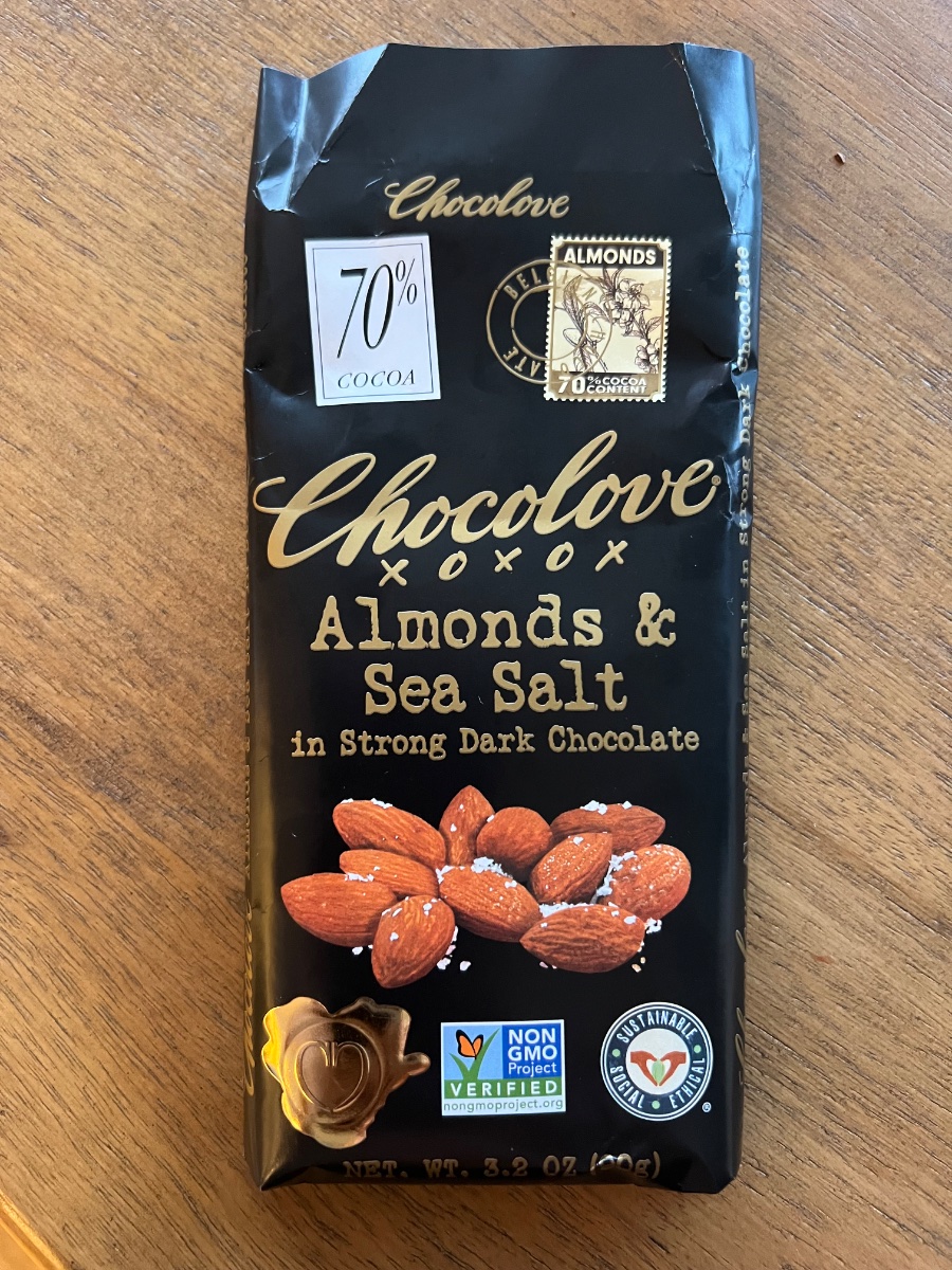 Almonds and sea salt in strong dark chocolate by Chocolove - 70% chocolate bar