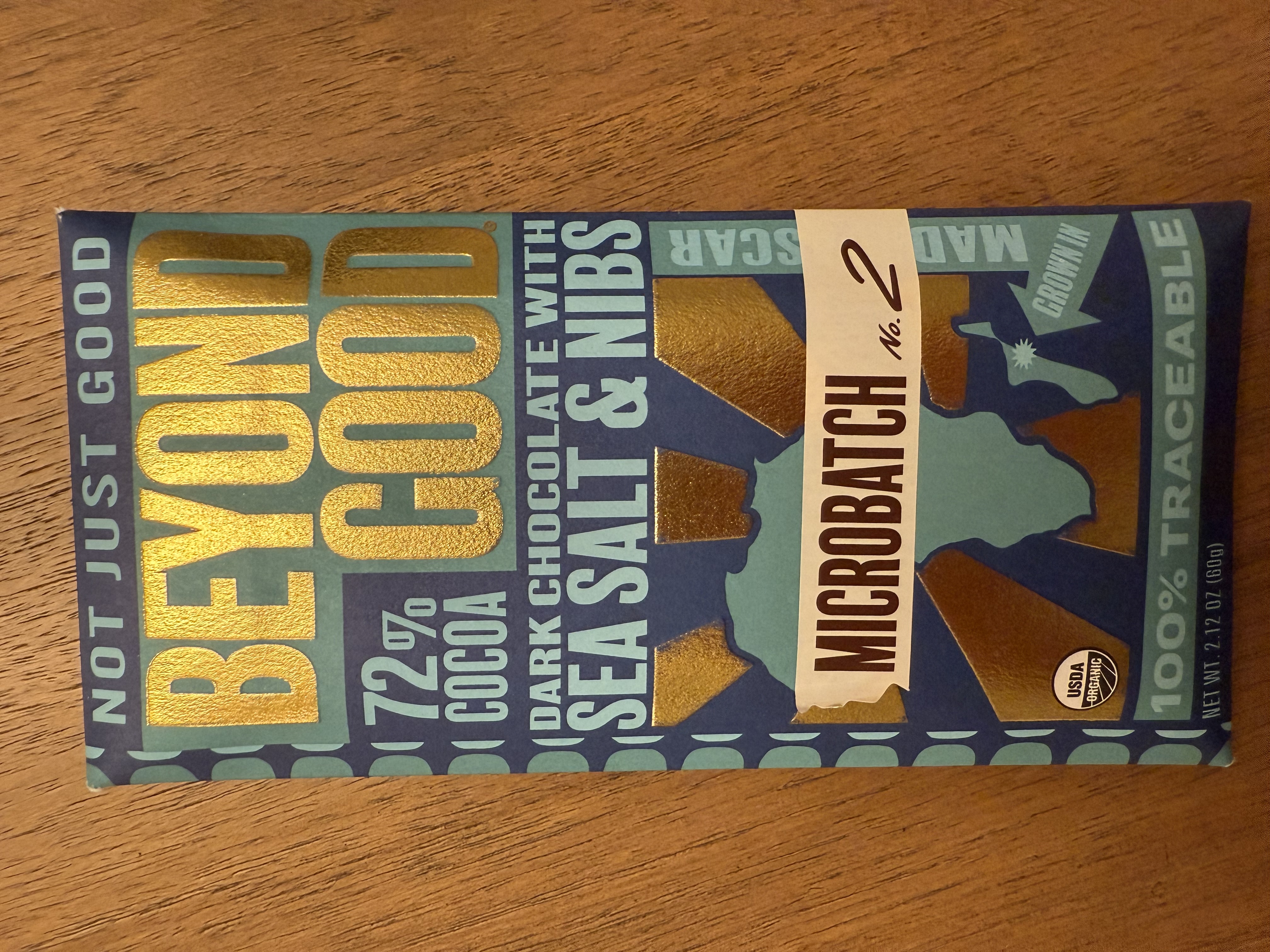 Dark Chocolate with Sea Salt & Nibs by Beyond Good - 72% chocolate bar