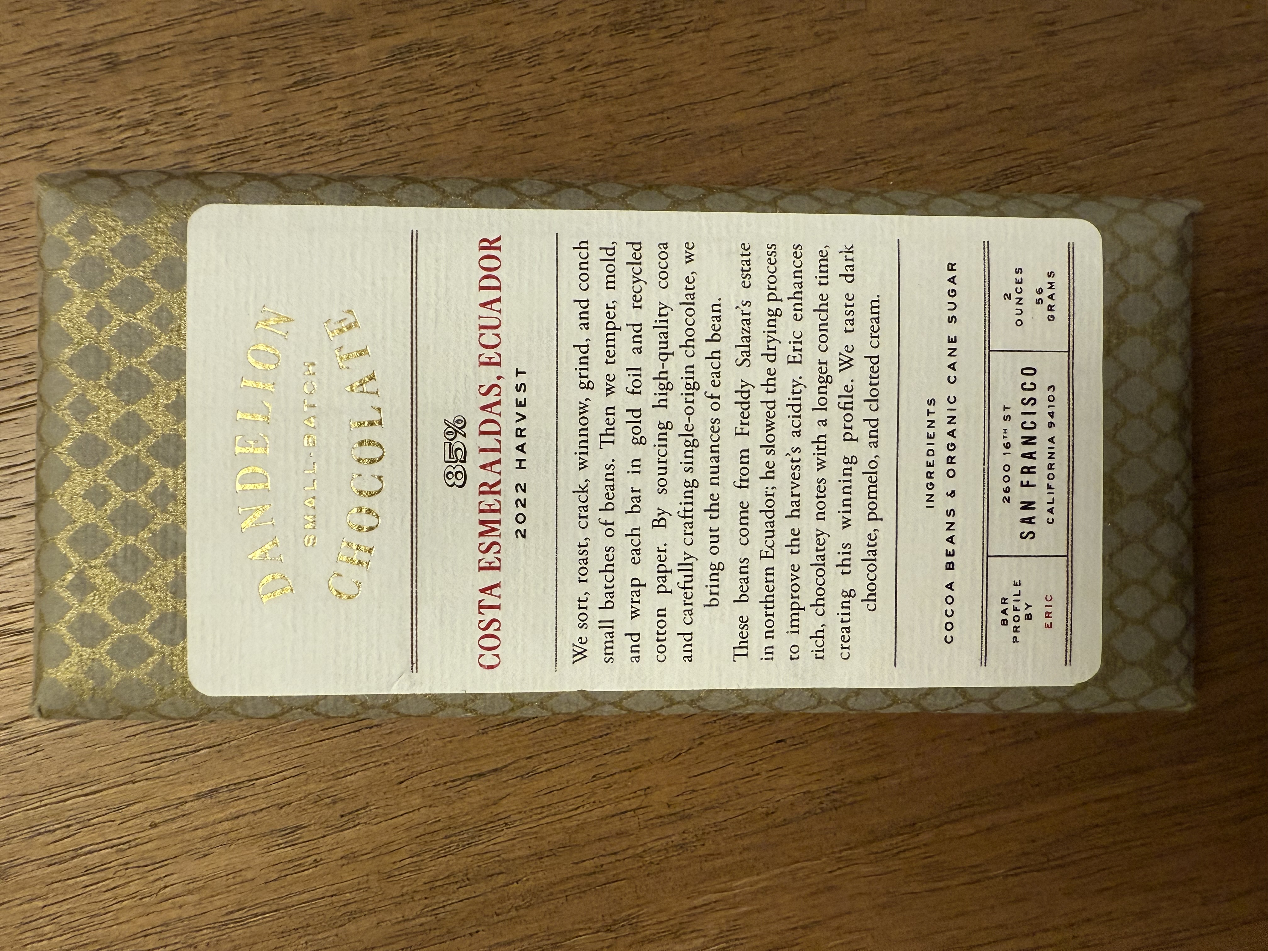 Costa Esmeraldas, Ecuador by Dandelion Chocolate - 85% chocolate bar