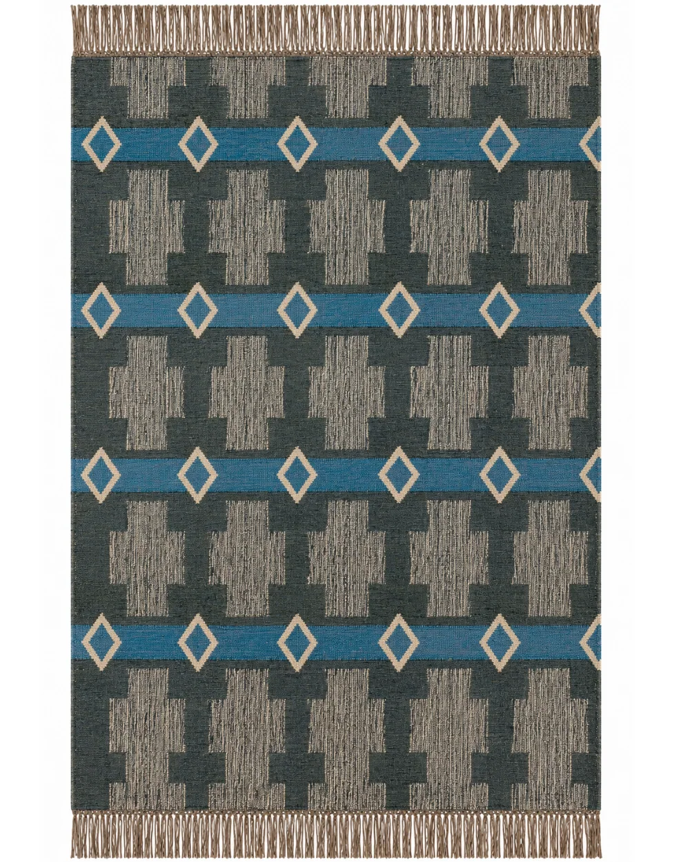 Chouhan-KLM400018 Handwoven Azure Grid Geometric Kilim Jute Area Rug with Fringe
