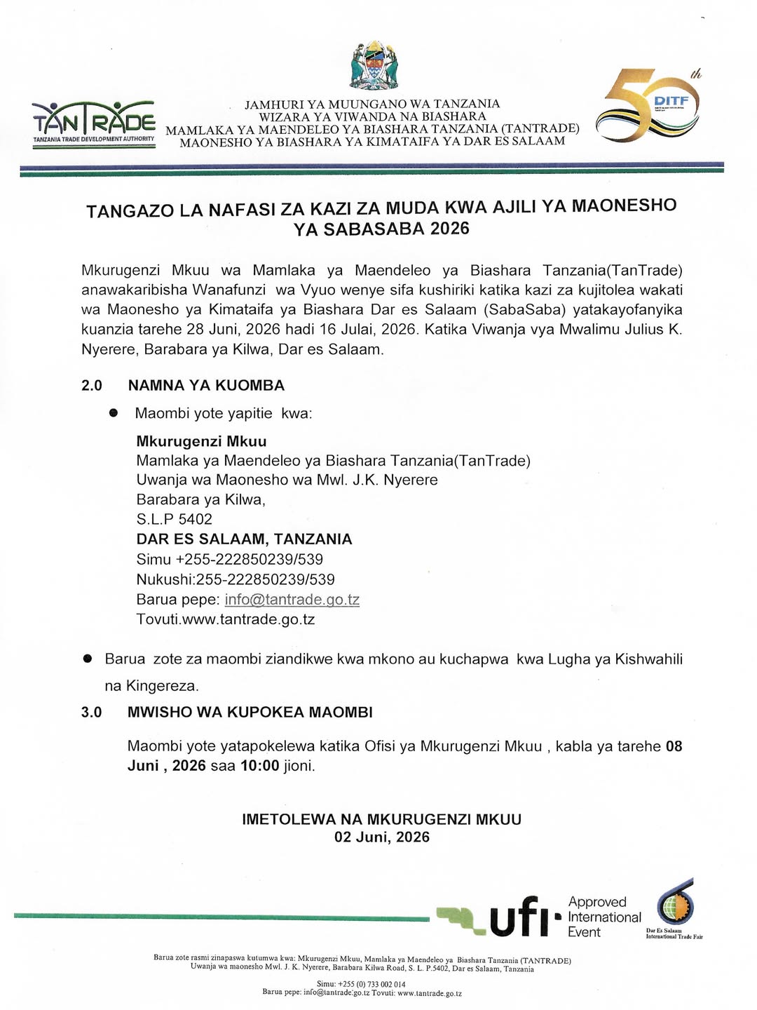 Nafasi za Kazi za Muda katika Maonesho ya Sabasaba 2026.