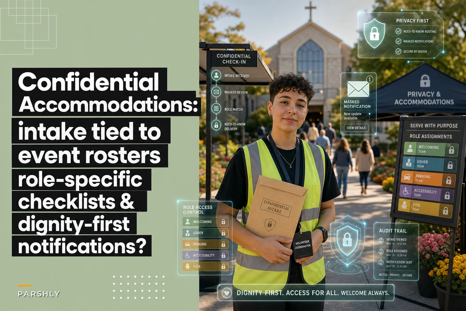 Accessibility workflow for worship events: confidential accommodations intake, volunteer assignments and dignity‑first notifications