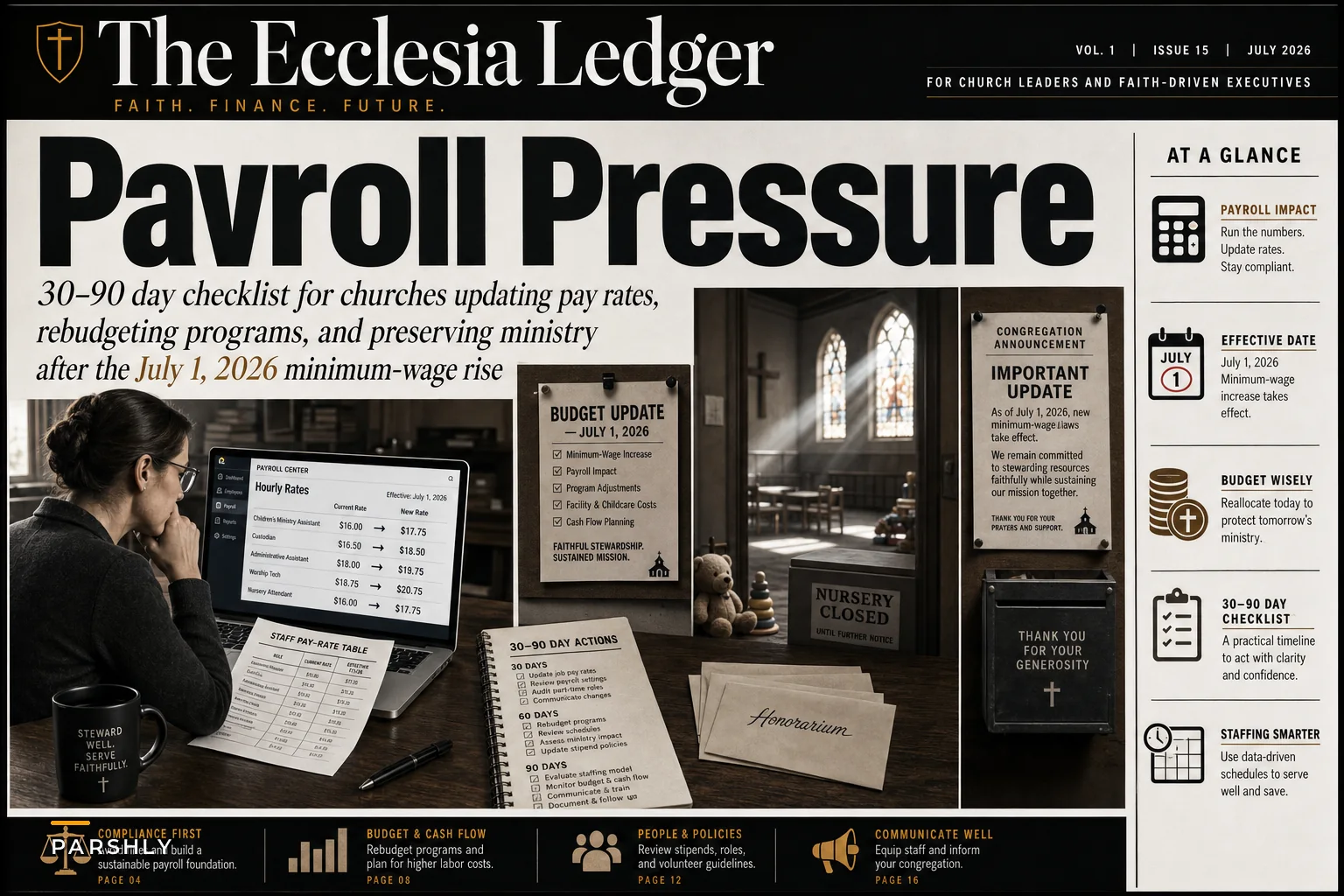 After July's minimum-wage hikes: a practical payroll, budget, and volunteer‑policy checklist for churches