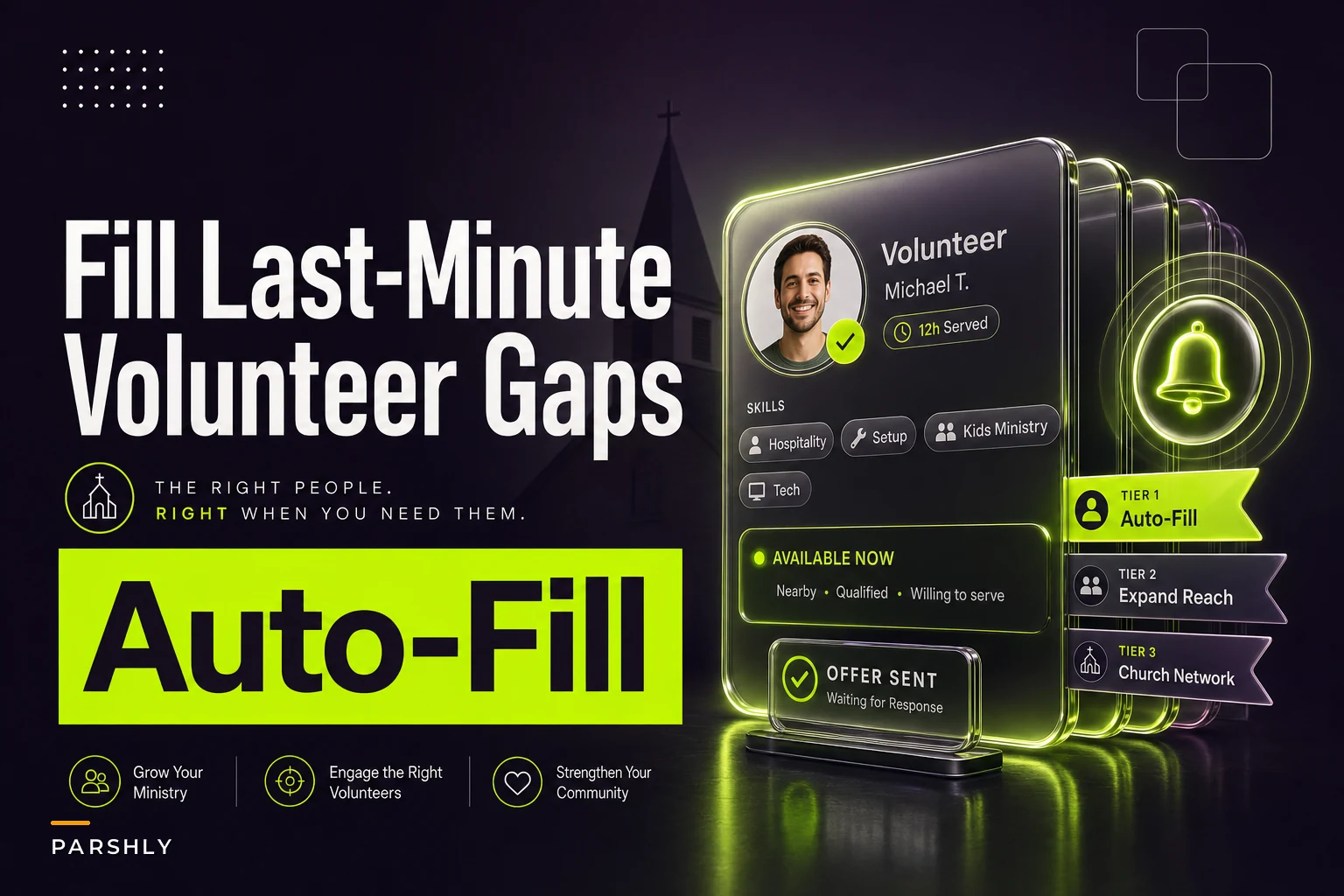 Fill last‑minute gaps automatically: a volunteer substitute pool with skill tags, auto‑offer rules and escalation