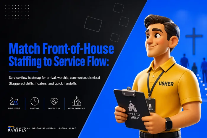 Match front‑of‑house staffing to service flow: a staffing heatmap, staggered shifts and floaters for worship services