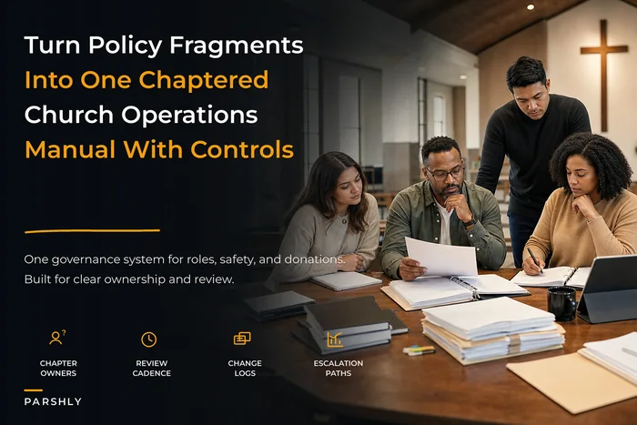 Turn scattered policies into one church operations manual — a chaptered governance blueprint with ownership templates and change control