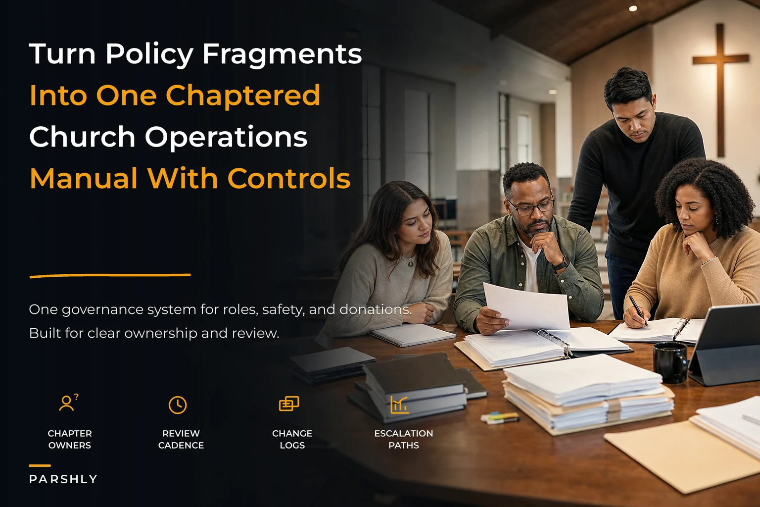 Turn scattered policies into one church operations manual — a chaptered governance blueprint with ownership templates and change control