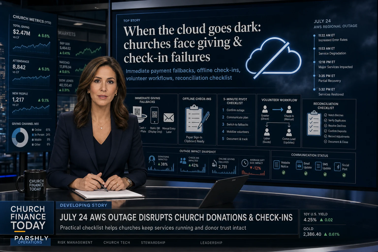 When the cloud goes dark: a practical outage checklist for churches to protect donations, check‑ins, and communications