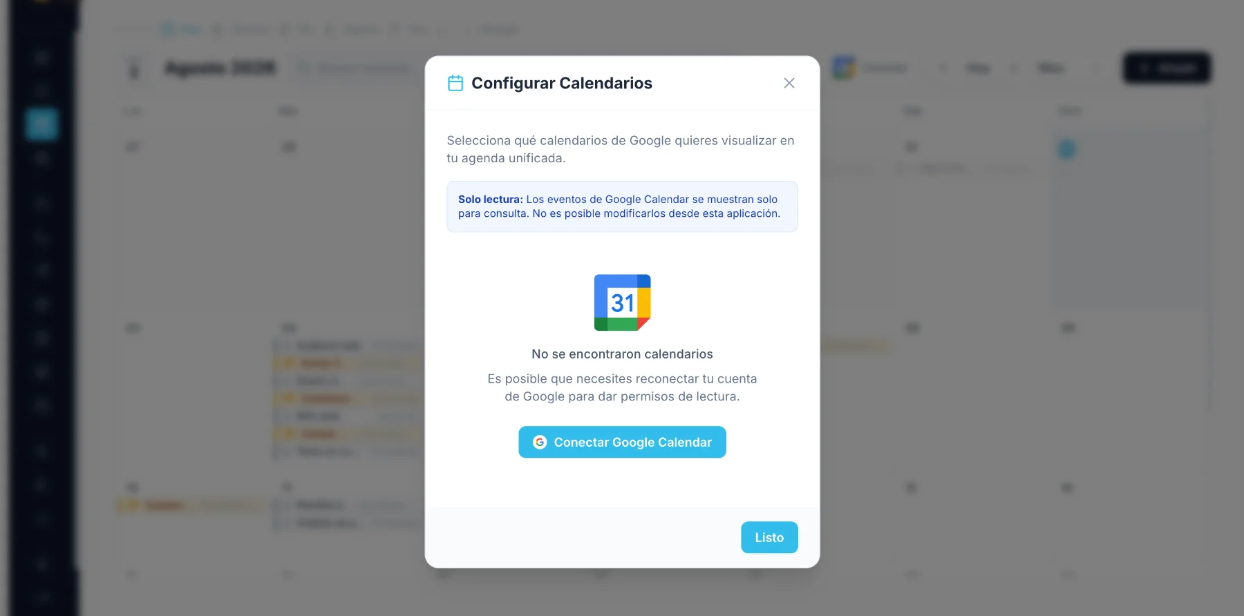 Ventana Configurar calendarios de Ciertto con el botón para conectar Google Calendar