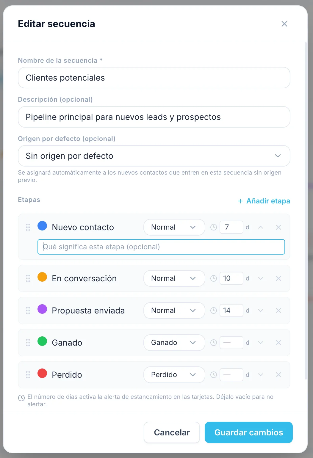 Columnas de etapas de una secuencia de Seguimientos