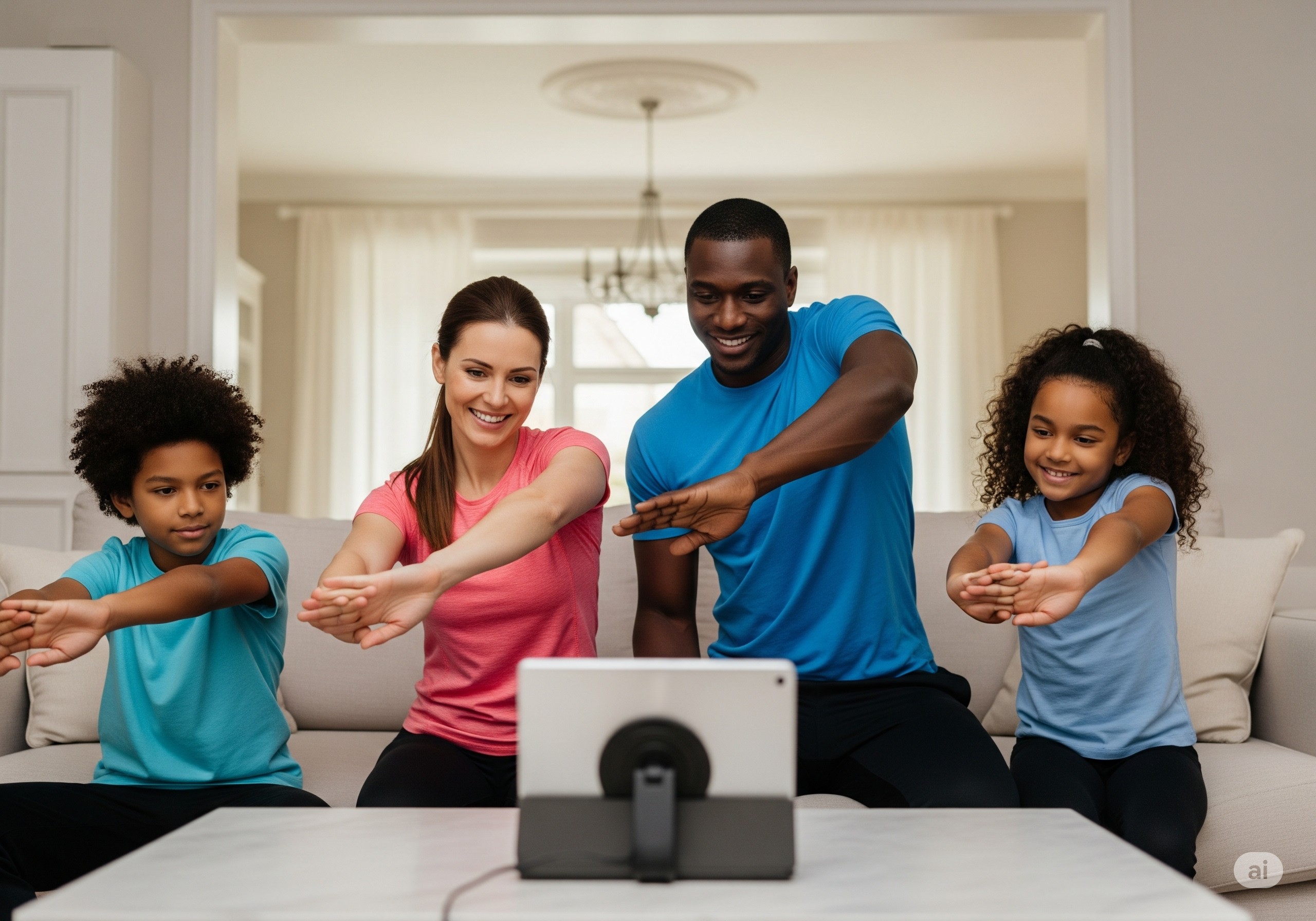 Family working out together in their living room