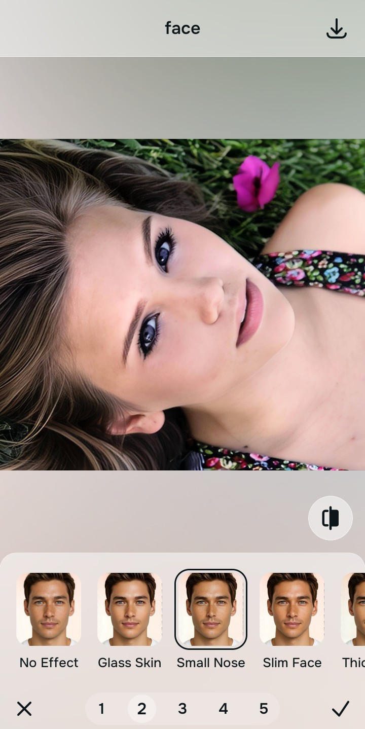Using the Looks Small Nose menu and Level 1 to 5 options to enhance the vibe naturally