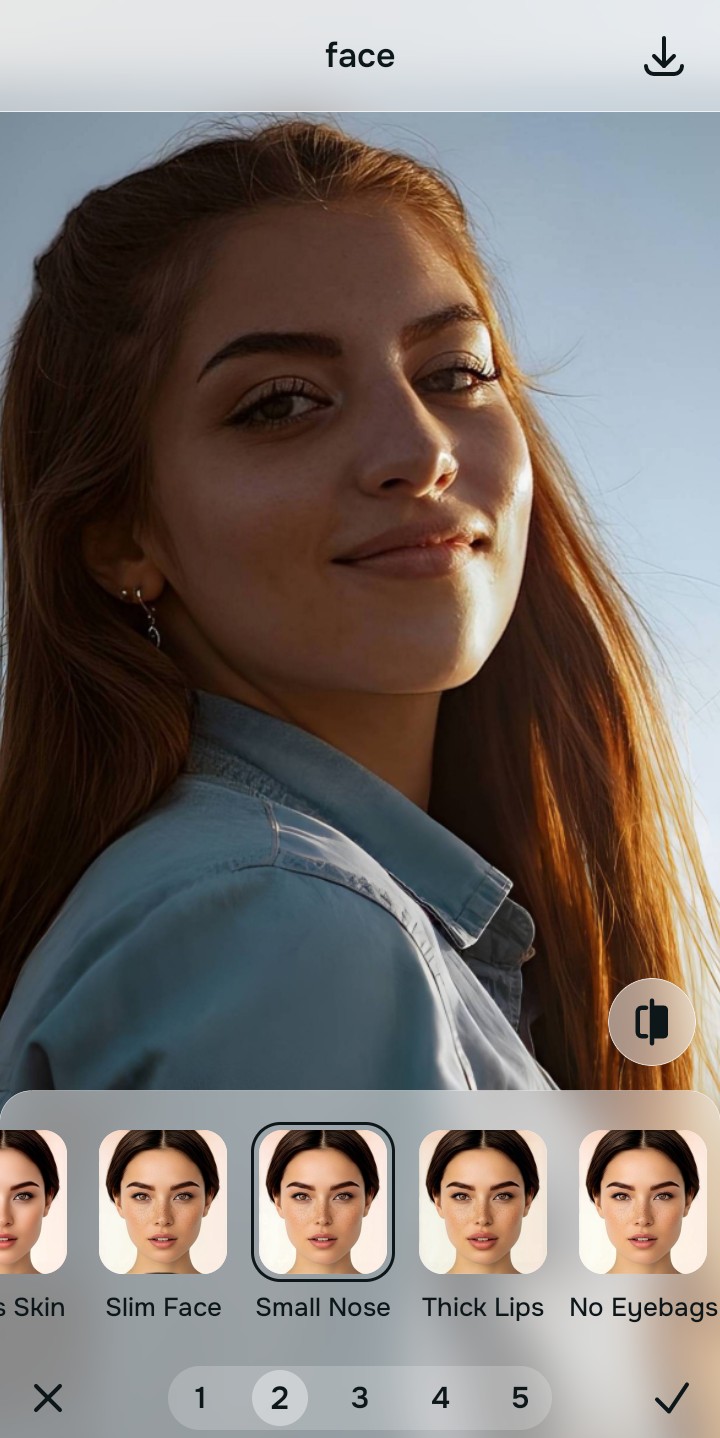 Using the Looks Small Nose menu and Level 1 to 5 options to enhance the vibe naturally