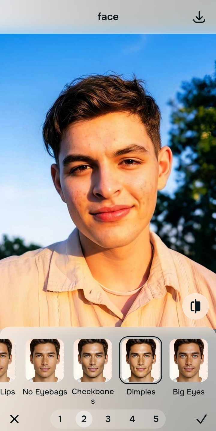 Using the Looks Dimples menu and Level 1 to 5 options to enhance the vibe naturally