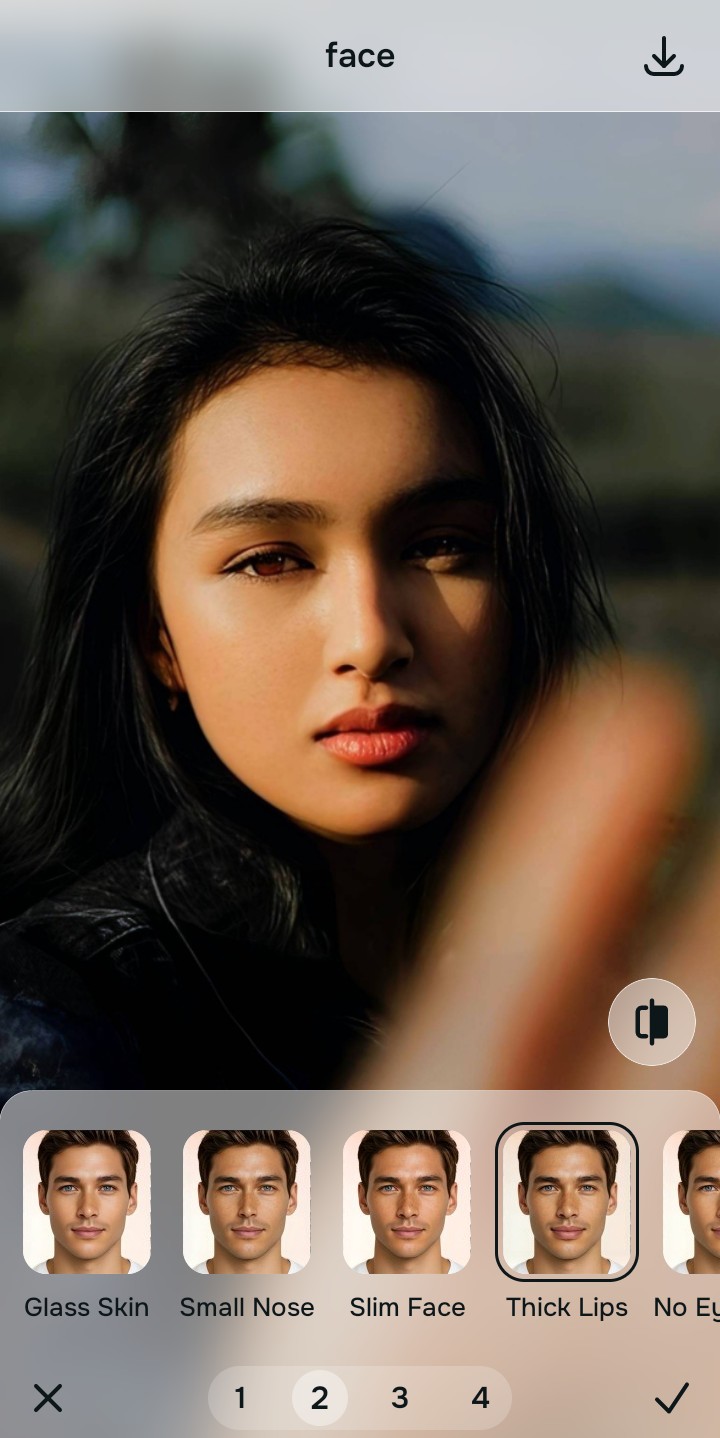 Using the Looks Thick Lips menu to elevate the overall facial impression natively
