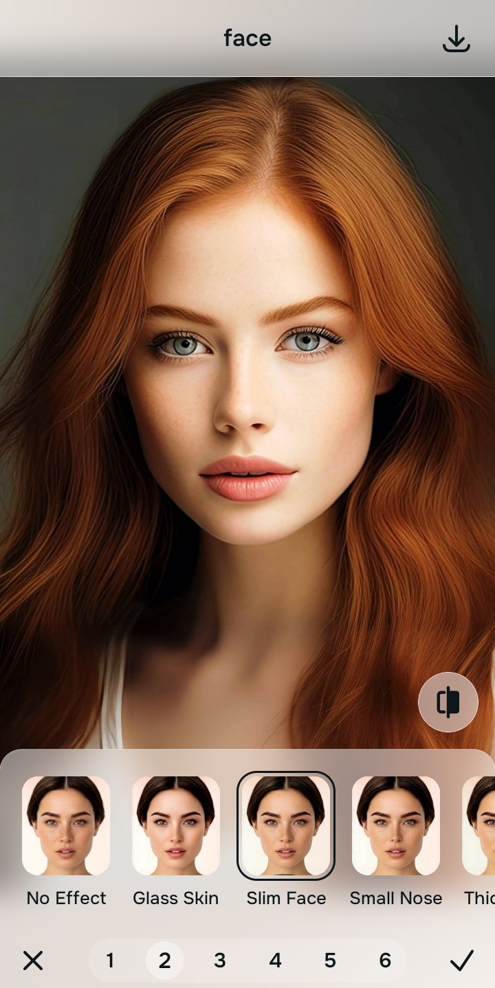 Using the Looks Slim Face menu and Level 1 to 5 options to enhance the vibe naturally