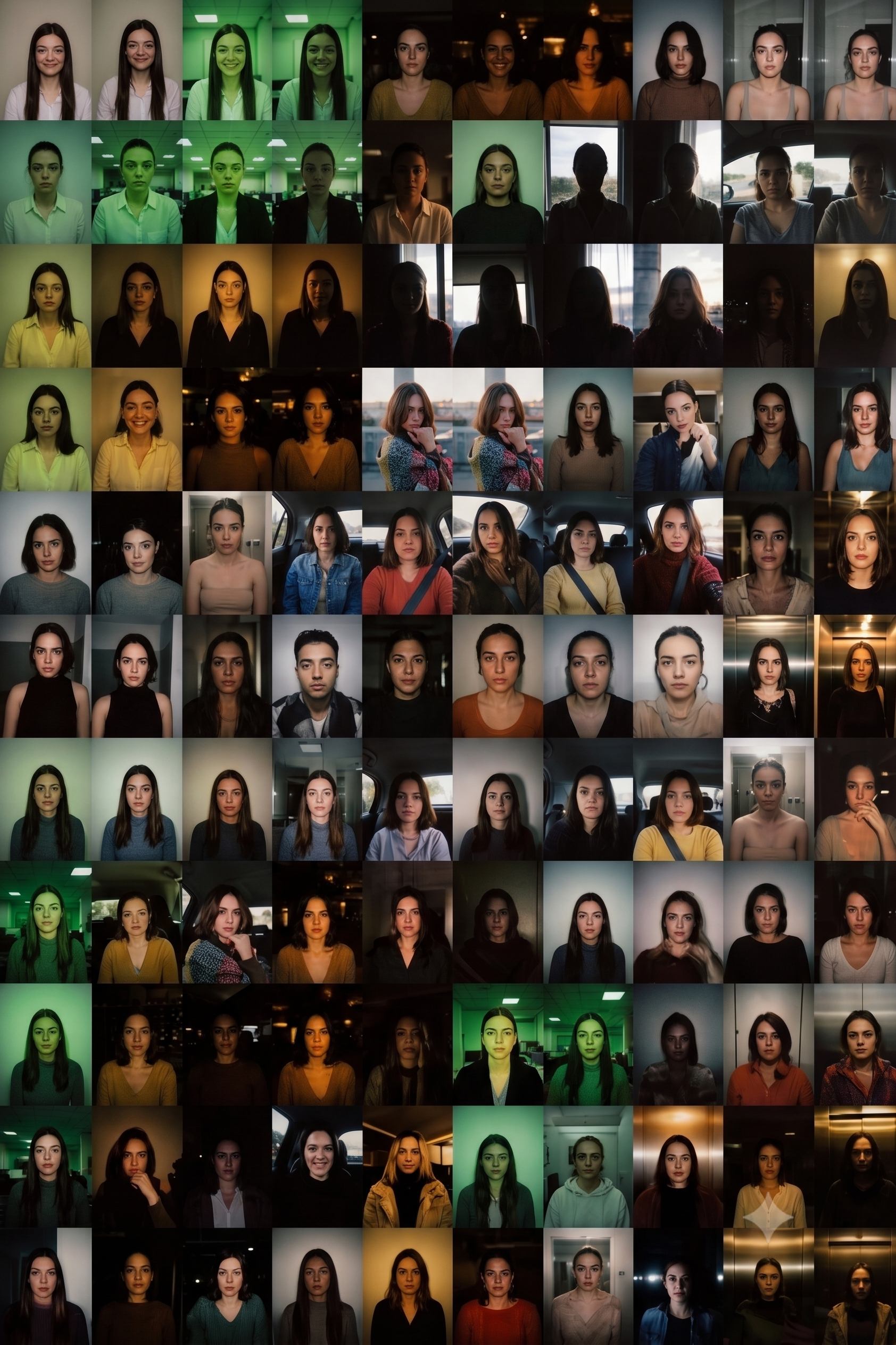 Collage of 100 selfies tested in different lighting conditions