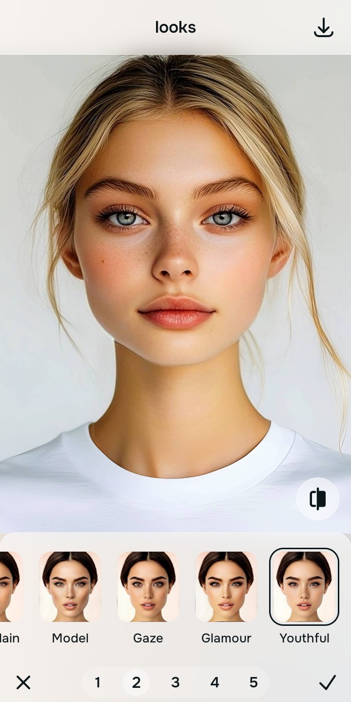 Using the Looks YouthFull menu and Level 1 to 5 options to unify the face impression