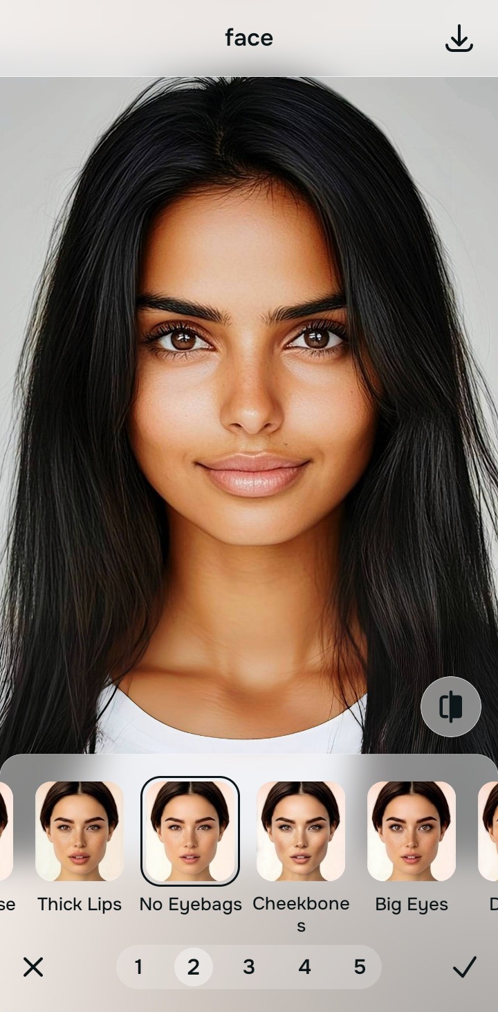 Using the Face No Eyebags menu and Level 1 to 5 options to enhance hydration naturally