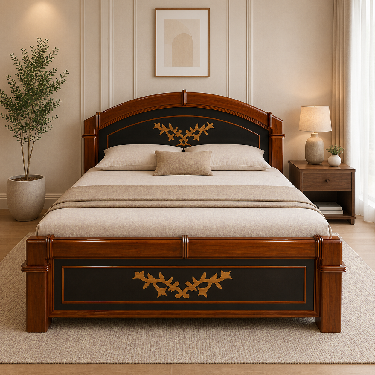 Premium Solid Wood Designer Cot with Elegant Floral Inlay