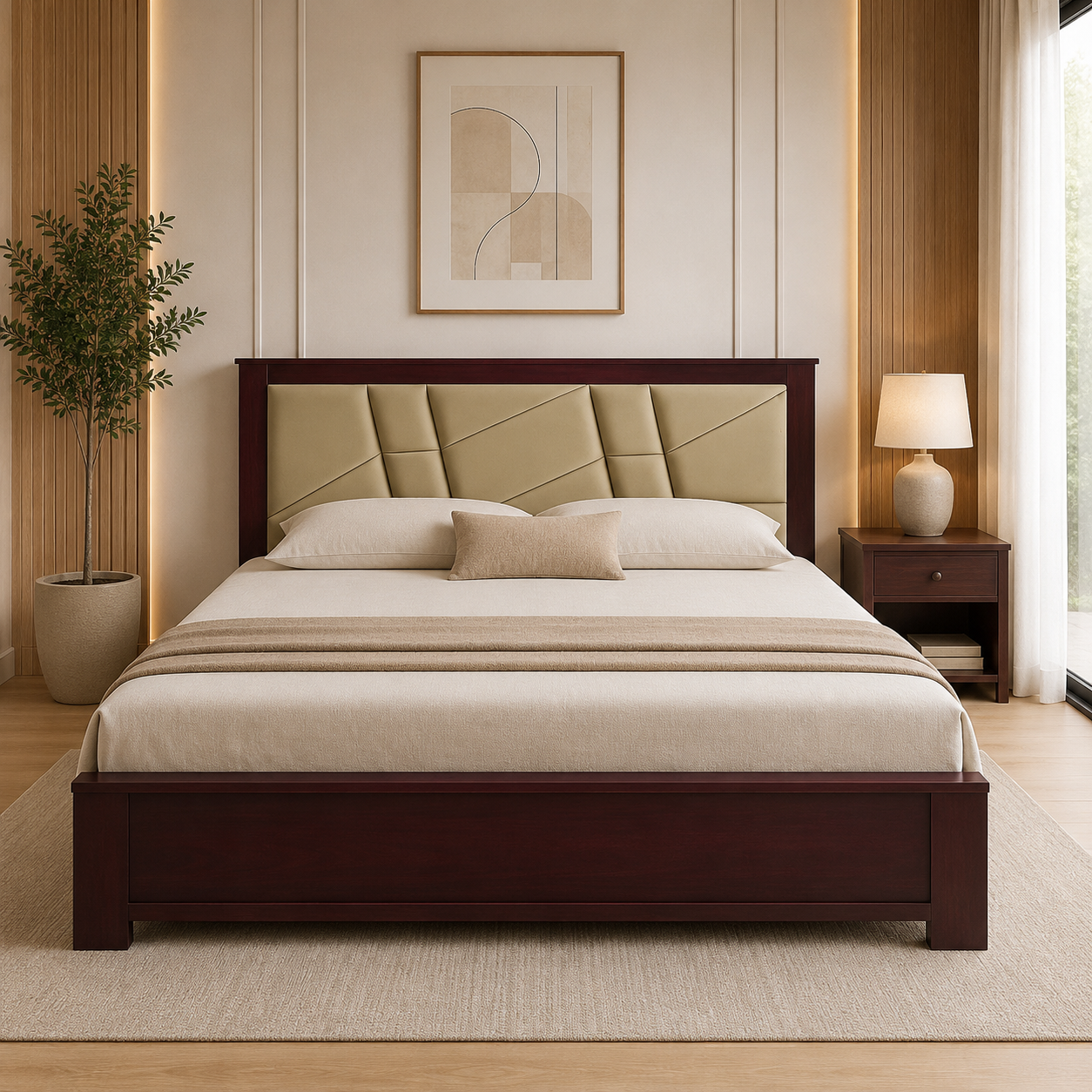 Premium Solid Wood Upholstered Designer Cot with Cushioned Headboard