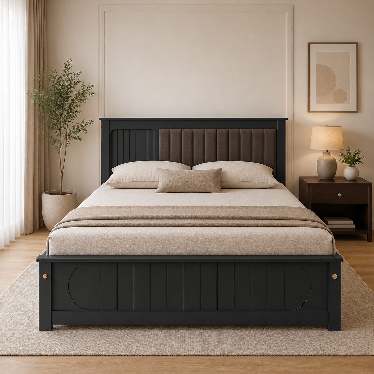Premium Solid Wood Designer Cot with Upholstered Panel Headboard