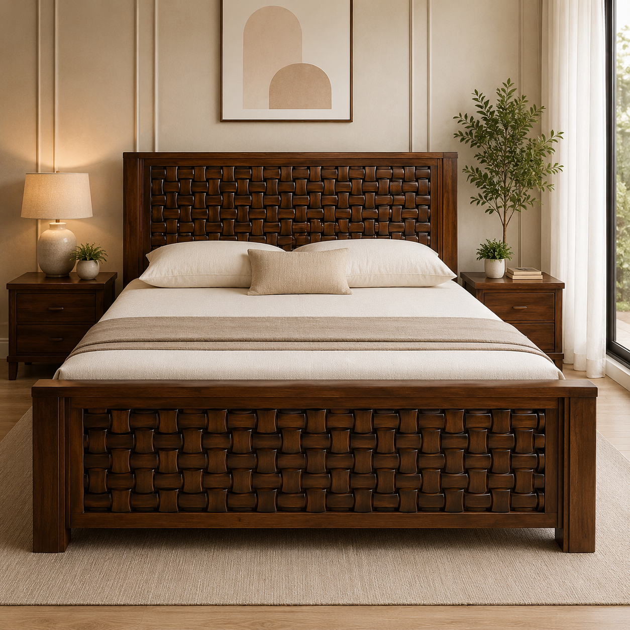 Premium Solid Wood Designer Cot with Woven Panel Headboard