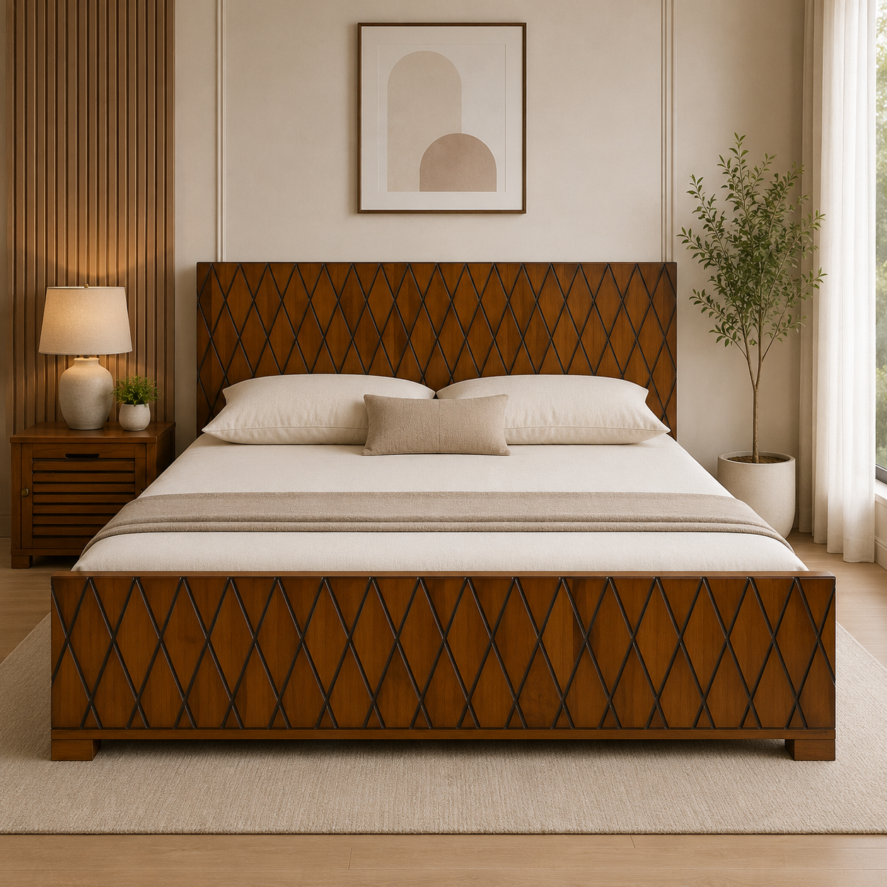Premium Solid Wood Designer Cot with Diamond Pattern Panels