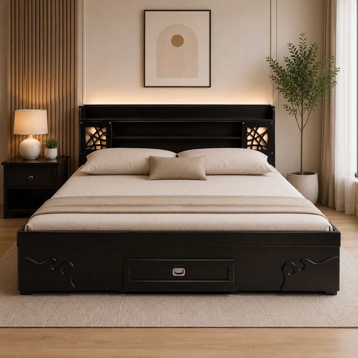 Premium Solid Wood Storage Cot with Designer Headboard & Drawer