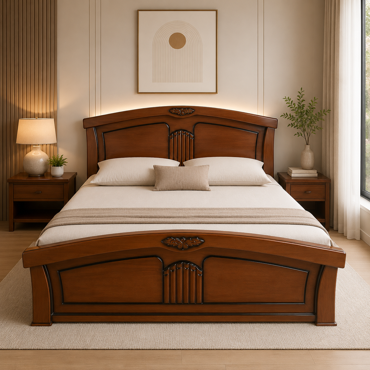 Premium Solid Wood Classic Designer Cot with Curved Panel Headboard