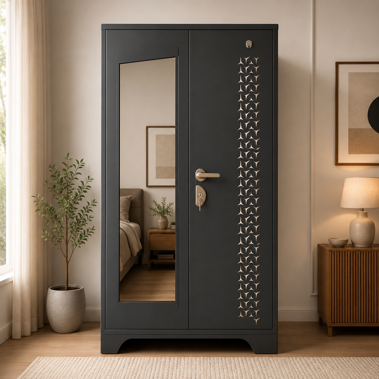 2 Door Steel Wardrobe with Mirror