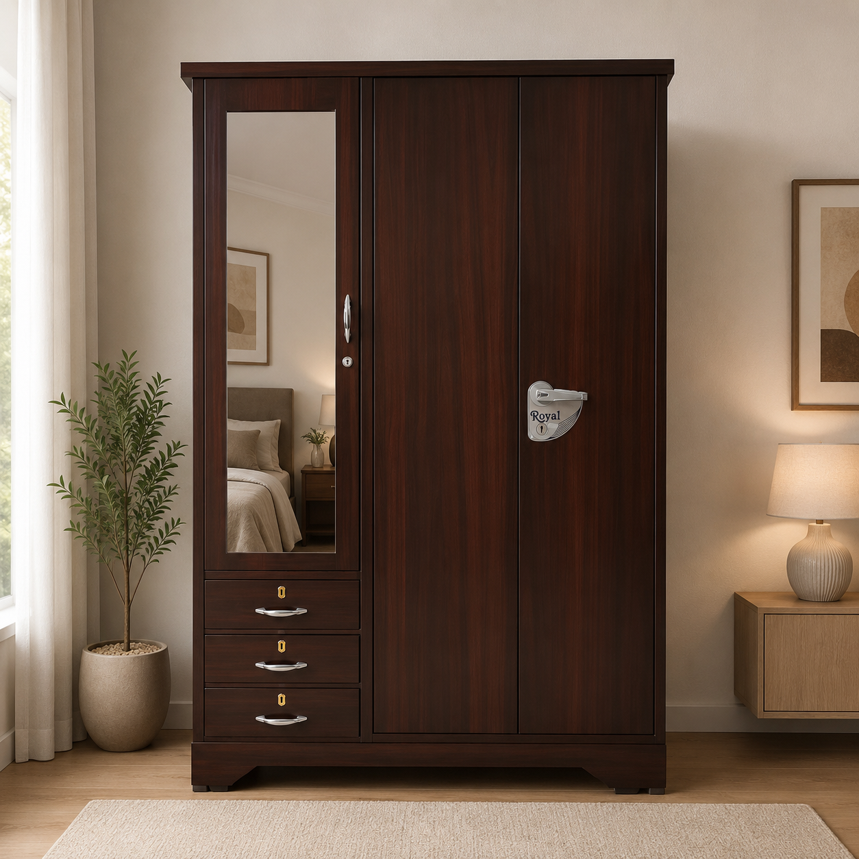 Steel Wardrobe with Mirror, Drawers & Secure Locker