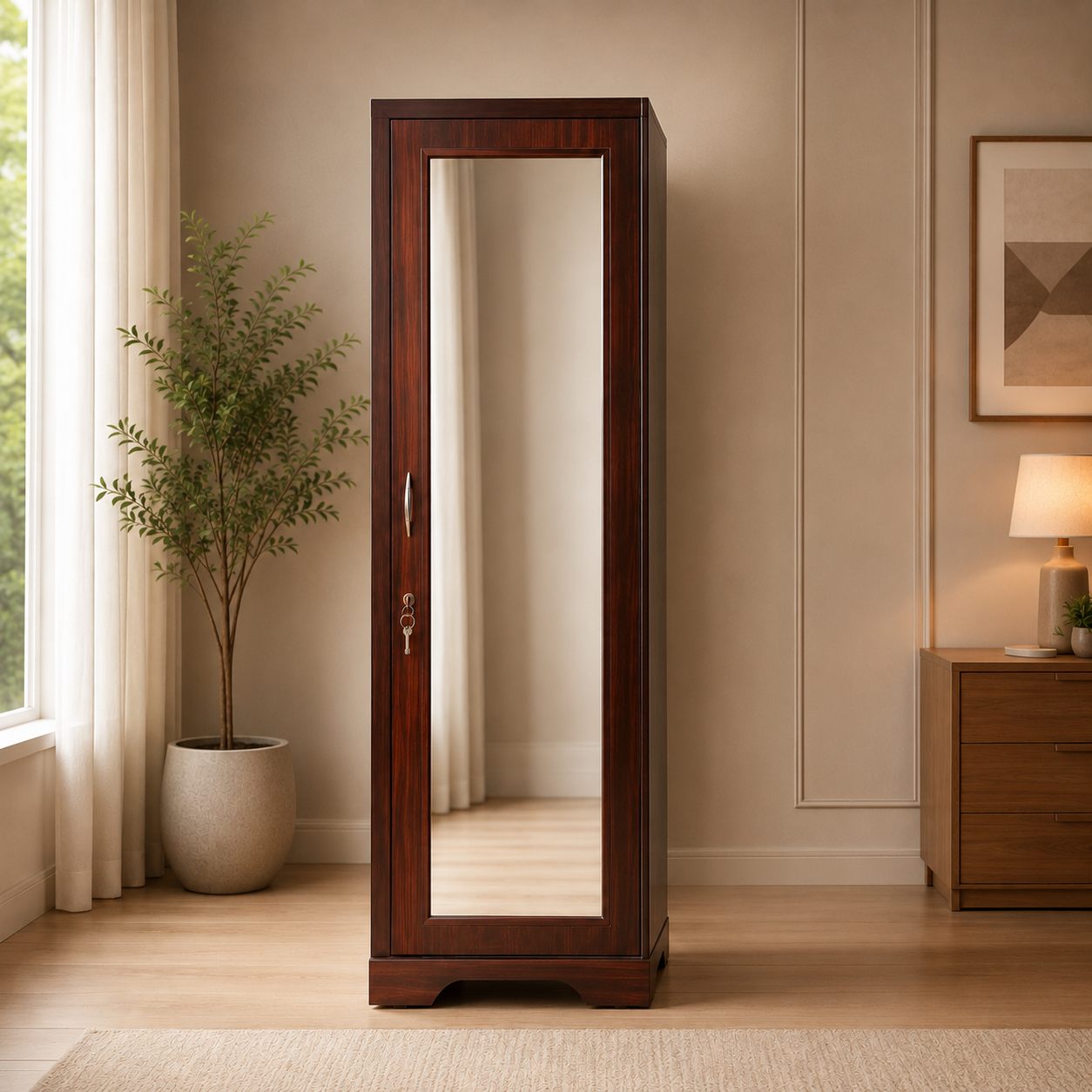 Single Door Steel Wardrobe with Full-Length Mirror
