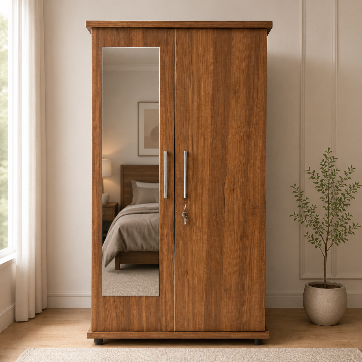 Wooden Wardrobe with Mirror & Lockable Doors